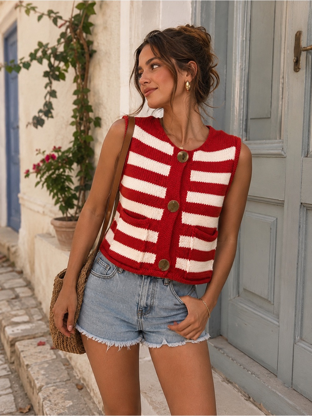 Zara Red & White Striped Knit Button Vest